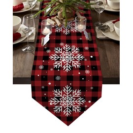 Z&L Home Christmas Linen Burlap Table Runner Dresser Scarves,Winter Snowflake Table Runners for Dinner Holiday Party, Wedding, Kitchen Dining Decor Red and Black Buffalo Checker Plaid 13x70in