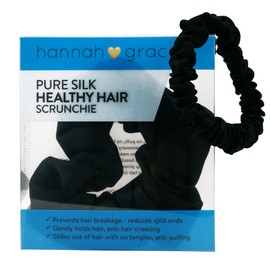 Hannah Grace pure 100 percent silk elastic hair tie band scrunchies 2 pcs pack 1 large 1 small girls women hair ties scrunchie Black