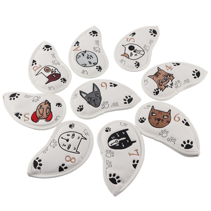 9PCS PU Leather Embroidery Waterproof Golf Putter Head Cover Iron