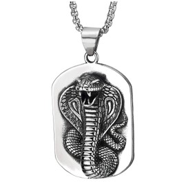 COOLSTEELANDBEYOND Mens Steel Vintage Raised Coiled Cobra Snake Dog Tag Pendant Necklace, 30 Inches Wheat Chain