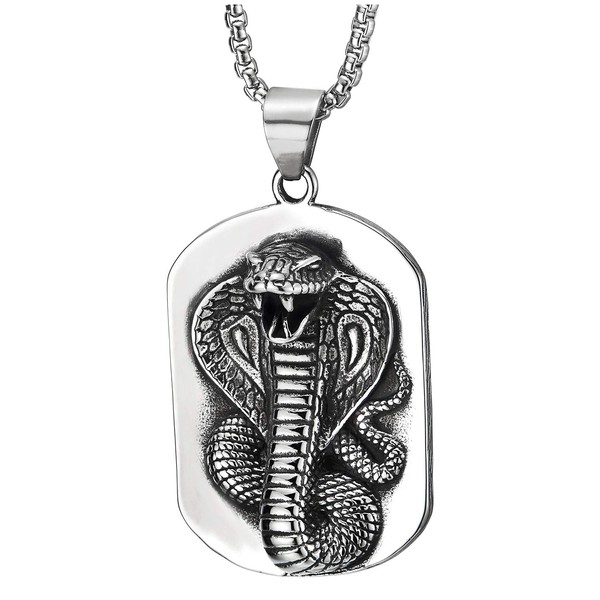 COOLSTEELANDBEYOND Mens Steel Vintage Raised Coiled Cobra Snake Dog Tag