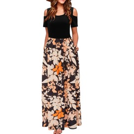 STYLEWORD Womens 2025 Women Fashion Summer Floral Cold Shoulder Maxi Boho Long Dress with Pocket(Floral37,XXL)