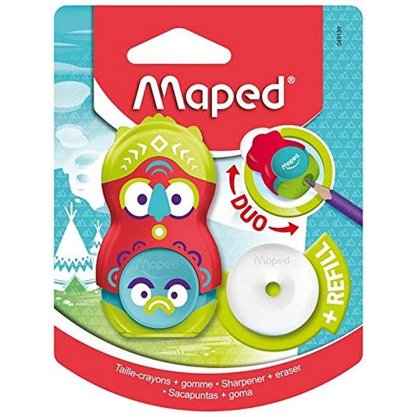 Maped - Loopy Pencil Sharpener / Eraser Duo - Pencil Sharpener with Tank + 1 Hole - Rotating PVC Free White Eraser + Refill - with Protective Cap - Red / Green Totem Design