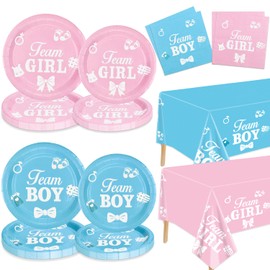 Gender Reveal Decorations - Including Gender Reveal Plates, Napkins, Team Boy Team Girls Tablecloth for Baby Shower He or She Gender Reveal Party Supplies, Serve 20 Guest (Gender Reveal-20 set)
