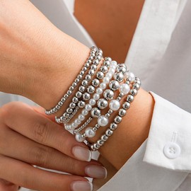 Chargances Boho Layered Beaded Bracelets Charms Stackable Faux Pearl Bangles Fashion Jewelry Bracelets for Women, open size, Rhinestone, crystal