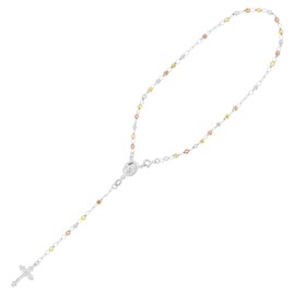 Solid 925 Sterling Silver Tricolor Diamond Cut 3mm Italian Virgin Mary Rosary Bead Cross Necklace | Made In Italy | 925 Sterling Silver Rosary Y Necklace Chain for Women And Men, 18" Inches