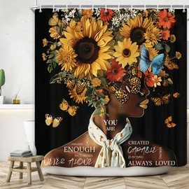 African American Shower Curtains Vintage Sunflower Flower Black Girl Shower Curtain Positive Confident Women Bath Curtain Waterproof Polyester Fabric Bathroom Accessories Decor with 12 Hooks, 70X70