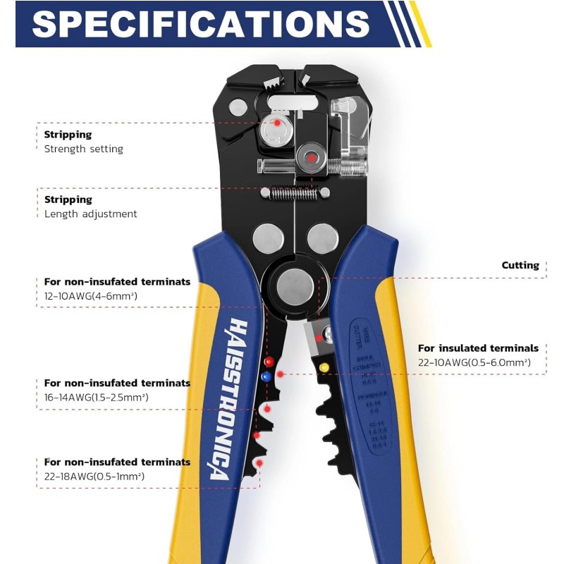 haisstronica Self-Adjusting Wire Stripper, 3 in 1 Blue/Yellow