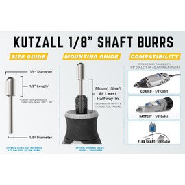 Kutzall Original Ball Nose Rotary Burr 1⁄8" Shaft, Coarse - Wood Carving Bit for Dremel, Foredom, DeWalt, Milwaukee. Abrasive Tungsten Carbide, 1⁄4" (6.3mm) Dia. x 1⁄2" (12.7mm) Length, BN-14-E