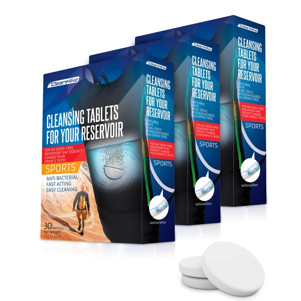 CleanHike Hydration Backpack Cleaning Tablets - (90 Tablets) Great for Reservoir Pack or Hydration Bladder, Individually Packed, Quickly Removes Stubborn Stains & Odors (3)