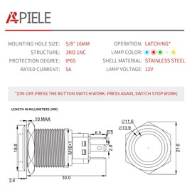 APIELE 16mm Push Button Switch Latching 12V On Off Stainless Steel Shell with LED, Waterproof High Round Cap for 0.63" Mounting Hole with Wire Socket Plug Self-Locking (Silver Shell/Red)