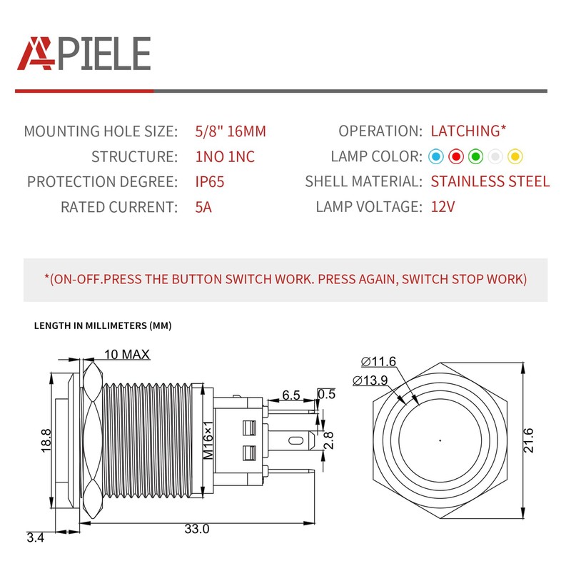 APIELE 16mm Push Button Switch Latching 12V On Off Stainless