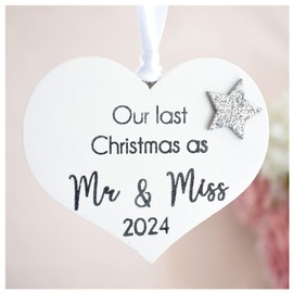 Our Last Christmas As Mr & Miss 2024 Newly Engaged Xmas Tree Keepsake. Hanging Couple Fiancee Ornament. Xmas Decoration White silver