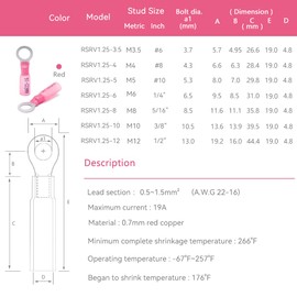HKS 50 PCS Ring Terminals #8 Red 22-16 AWG - M4 - Electrical Connectors - Heat Shrink Wire Connector Kit - Tinned Red Copper - Automotive Marine Ring Connectors - Waterproof and Insulated