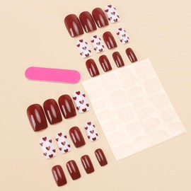 Medium Square Fake Nails Nude Red Nails Press ons Valentine’ Day Red Heart False Nails Full Cover Stick on Nails Artificial Glossy Glue on Nails Cute Valentine Nails for Women and Girls 24Pcs