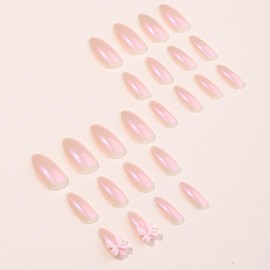24 Pcs Almond Shape Press on Nails Medium Fake Nails Pink Gradient Glitter Glossy False Nails with Cute Butterfly Charm Designs Artificial Acrylic Glue on Nails Full Cover Nails for Women and Girls
