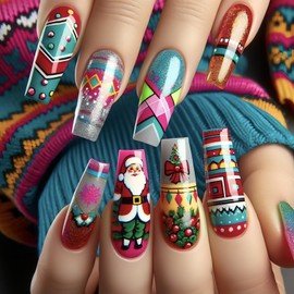 Christmas Press On Nails Holiday Press On Nails Coffin Fake Nails With Snowflake Christmas Tree Santa Claus Colour Christmas Nails Designs Christmas Press On Nails For Women Impress Christmas Nails
