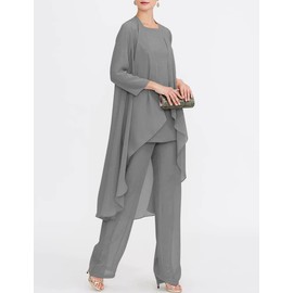 Zongqiven Chiffon Mother of The Bride Pant Suits 3Pcs Wedding Formal Outfit Set Evening Gown for Women, Grey, Large