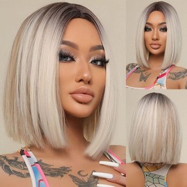 MAGQOO Blonde Wig for Women Black to Blonde Wig Ombre Blonde Bob Wig Short Straight Blonde Wig Dark Roots Middle Part Synthetic Heat Resistant