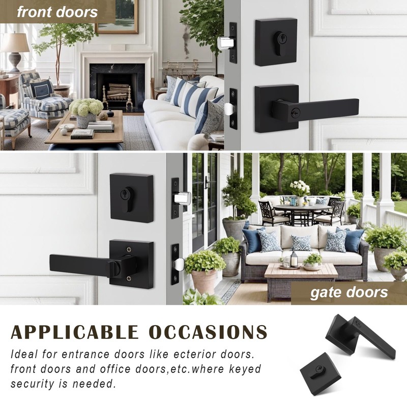 Brotima 3 Pack Flat Black Square Entry Levers Locksets and