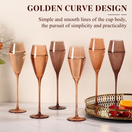 TrophyToast Venus Champagne Flutes Glasses Set of 6, Elegent Hand Blown Flutes Glass, Lead-Free Amber Wine Glasses Set - Ideal for Weddings, Anniversaries, Christmas, Special Days