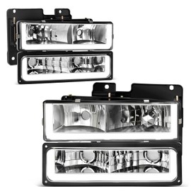 AUTOSAVER88 LED DRL Headlight Assembly Compatible with 1990 1991 1992 1993 1994 1995 1996 1997 1998 1999 2000 Chevy GMC C/K 1500 2500 3500 Suburban Tahoe Yukon Headlamp Replacement Pair w/Bumper Lamp
