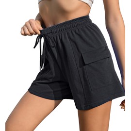 Ladies Summer Cotton Cargo Sports Shorts Soft and Absorbent with Pockets and Drawstring for Outdoor Fun Black 3XL
