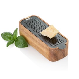 AdHoc GG32 CutnServe Table Grater with Collection Container, Stainless Steel Black & Acacia Wood