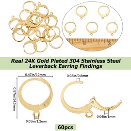 SOFPLATE 1 Box 60Pcs Real 24K Gold Plated Earrings Hooks Leverback Earring Hooks Bulk Round Huggie French Earwires Stainless Steel Lever Back Earring Findings for Jewelry Making DIY Supplies Women
