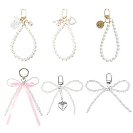 PYSEOSISE Pearl Bow Keychain Set, 6 Pieces Faux Pearl Keychain, Pearl Beaded Wristlet Keychain Cell Phone Charm Bag Charm for Women
