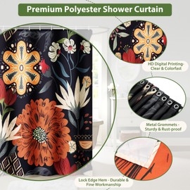 Boho Floral Shower Curtain for Bathroom, Abstract Vintage Colorful Bohemian Flowers Tropical Leaves Waterproo Fabric Shower Curtains, Mid Century Modern Bath Curtain with 12 Hooks, 71" Wx71" L