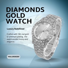 HALUKAKAH Diamonds Gold Watch Iced Out for Boy Teens Kids - Platinum Plated,42mm Round Dial,Japanese Quartz - 20cm Length Adjustable Wristband,with Watch Adjuster Tool - for Birthday,Parties