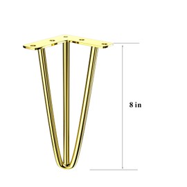 ALXEH 8 Inch Hairpin Table Legs 1/2” Dia 3-Rods Hairpin Feet, DIY Gold Coffee Table Legs Heavy Duty Metal Furniture Feet for TV Stand, Bench and Nightstand, Set of 4