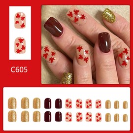 Autumn Maple Fake Nail Fall Thanksgiving Press On Nail French Short Square False Nails Gold Glitter Glue on Nails Design Brown Red Full Cover Nails for Harvest Festival Party Nail Accessories-(04)