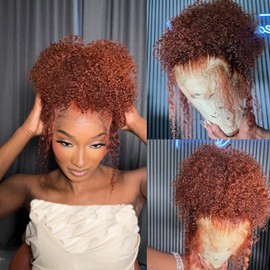 hoshee Brazilian Ginger Wig Lace Front Human Hair 13x4 350 Colored Bob Curly Human Hair Wig Pre Plucked 150% Density Invisible Lace Front Deep Wave Wig 14Inch