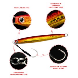 BLUEWING Speed Vertical Jigging Lure Deep Sea Saltwater Fishing Jigs for Tuna Salmon Snapper Kingfish, Red/Gold,90g