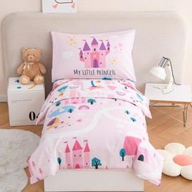 STYHO Pink Duvet Cover for Cot Bed Princess Castle Printed Toddler Duvet Cover Set Soft Reversible Girls Children Dinosaur Bedding Set with Pillowcase(Castle, Cot Bed)
