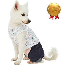 Blueberry Pet Summer Vacation Beach Cotton 4 Legged Onesie Dog Shirt with Denim Colored Pants, Sea Lover Nautical Striped Jumpsuit, Back Length 10", for Small Dogs