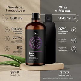 Tónico Facial de 500 ml con más de 99% de Ingredientes Naturales, Extracto de Aloe Vera, Jengibre, Agua de Rosas y Hamamelis. Tónico que Refresca y Calma la Piel. Face Tonic B Life.