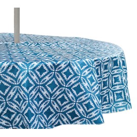 Summer Geometric Circle Star Umbrella Vinyl Tablecloths: Patio Table Cover with Hole and Zipper Closure for Umbrella, Dark Blue White, 52" x 70" inch Rectangle