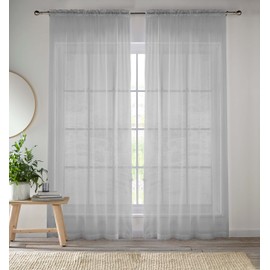 Enhanced Living Silver Voile Curtains for Living Room Panel Pair - 57 Wide x 48 Drop - Plain Woven Slot Top Sheer Curtains (57"x48") 145x122cm