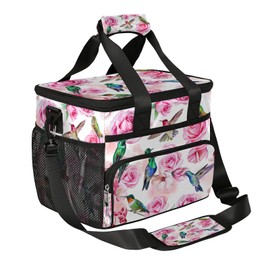 Insulated Lunch Bag, Hummingbird Bird Flower Rose Reusable Lunch Box Leakproof Cooler Tote Bag Large Lunchbox Freezable Lunch Bag with Adjustable Shoulder Strap for Women Men Picnic Work Beach