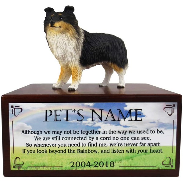 Conversation Concepts Beautiful Paulownia Small Wooden Urn with Sheltie Tricolor Figurine & Personalized Poem Beyond The Rainbow