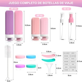 16 Pcs Kits de Cosmetiqueras Rellenables,Botellas de Viaje para Artículos de Tocador,Recipientes Herméticos de Silicona Aprobados por la TSA,Exprimibles,90 ml/60 ml para Acondicionador,Rosa