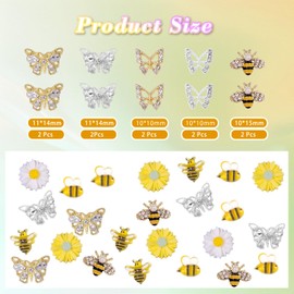 110 Pcs 3D Bees Flower Nail Charms, Silver Gold Nails Butterlies 3D Resin White Yellow Daisy Flowers Charms Tiny Bee Nail Art Supplies for Acrylic Nails DIY