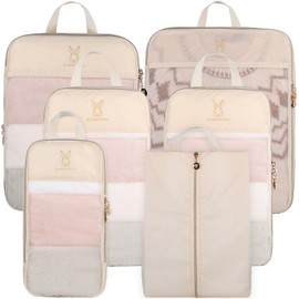 See Through Expandable Compression Packing Cubes, Mesh Travel Packing Cubes for Suitcases, Lightweight Organizers Bag Set for Travel Essentials for Luggage(Beige,8 Set)