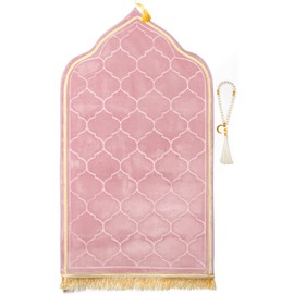 YAZEIN Muslim Prayer Rug with Tasbih Prayer Beads, Soft Memory Foam Prayer Matt Islam, Padded Islamic Prayer Mat Thick for Men and Women, Janamaz, Sajadah (25.6" x 43.3", Pink)