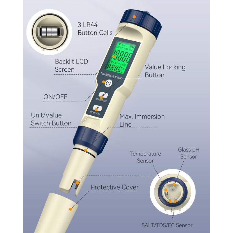 Pawfly Pool Salt Tester & pH Meter, 5 in 1