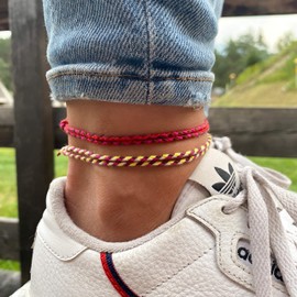 2x Boho Surfer Anklet Unisex - Ankle Bracelet Set of 2 Women & Men - Handmade Beach Jewellery & Festival Accessories - Waterproof & Adjustable - Thin String Rope Anklet - U (Red & Multi)