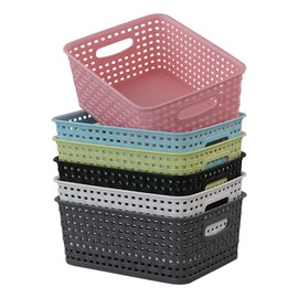 Rinboat Muti-Colour Rectangle Plastic Weave Storage Shelf Baskets, Pack of 6